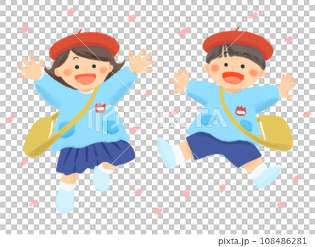Illustration of a child wearing a smock with a smiling face jumping (with hat) 108486281