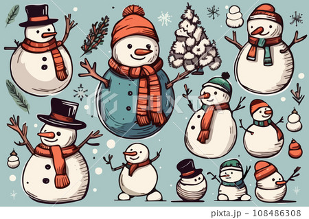 cute cartoon christmas snowmen set isolated on colored background vector illustration 108486308