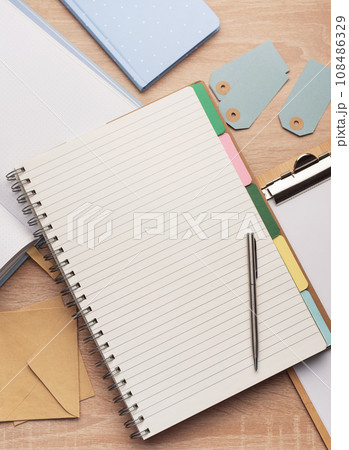 Flat lay, top view office table desk. Flat lay, top view office table desk. 108486329