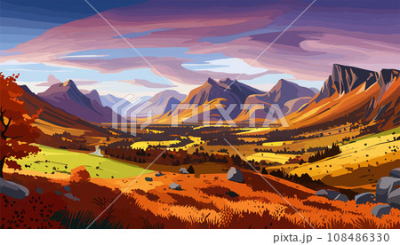 Original painting of beautiful autumn landscape, forest, mountains and river on canvas. Original painting of beautiful autumn landscape, forest, mountains and river on canvas. 108486330