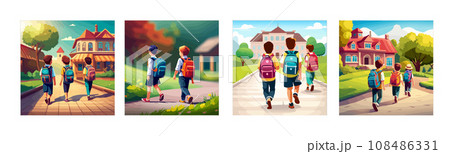 Back to school vector illustration. Little girl, boy go to school building, back view. Green landscape with construction, way, plants, trees. 108486331