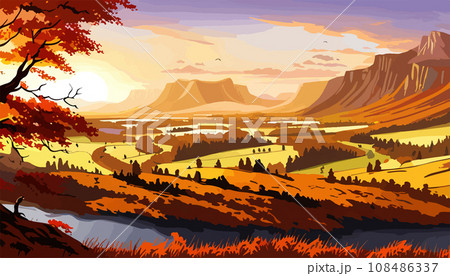 Original painting of beautiful autumn landscape, forest, mountains and river on canvas. Original painting of beautiful autumn landscape, forest, mountains and river on canvas. 108486337