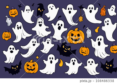Ghosts Halloween Cartoon with pumpkins on color background, vector illustration. Ghosts Halloween Cartoon with pumpkins on color background, vector illustration. 108486338