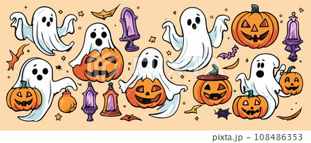 Set of cute halloween ghosts, sketch of ghost on colored background. Collection Set of cute halloween ghosts, sketch of ghost on colored background. Collection 108486353