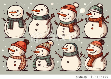 cute cartoon christmas snowmen set isolated on colored background vector illustration 108486455