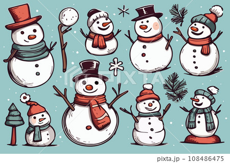 sketch cute snowman in hats and scarves hand drawn. Bright Christmas characters set isolated on colored background. vector illustration 108486475