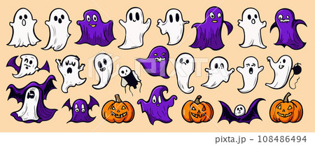 Halloween set funny ghosts with pumpkins on color background, vector Halloween set funny ghosts with pumpkins on color background, vector 108486494