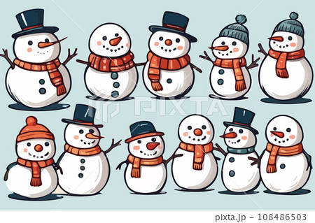 sketch cute snowman in hats and scarves hand drawn. Bright Christmas characters set isolated on colored background. vector illustration sketch cute snowman in hats and scarves hand drawn. Bright Christmas characters set isolated on colored background. vector illustration 108486503