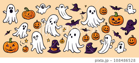 Set of cute halloween ghosts, sketch of ghost on colored background. Collection Set of cute halloween ghosts, sketch of ghost on colored background. Collection 108486528