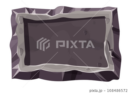 Stone menu panel, rock frame in comic cartoon style textured isolated on white background. Empty plate, interface template. Stone menu panel, rock frame in comic cartoon style textured isolated on white background. Empty plate, interface template. 108486572