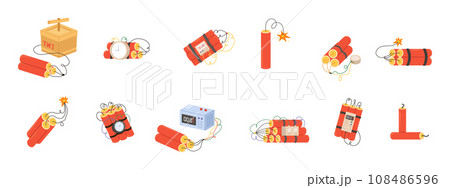Tnt dynamite clipart. Isolated dynamite icons, explosive tools and bombs. Weapon collection, timer clock on red bomb, snugly vector cartoon set 108486596