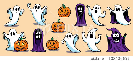 Ghosts Halloween Cartoon with pumpkins on color background, vector illustration. Ghosts Halloween Cartoon with pumpkins on color background, vector illustration. 108486657
