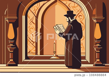 Jew reading torah Judaism religion in synagogue rabbis vector illustration. 108486664