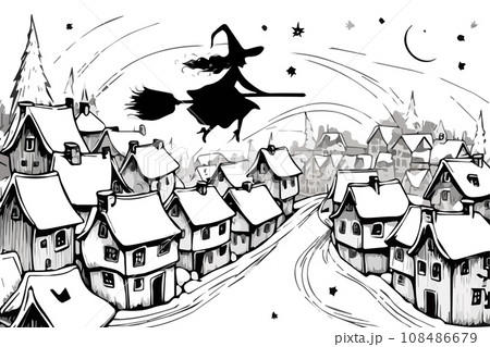 Vector illustration of a wich riding broom at full moon over a city in the sky. Vector illustration of a wich riding broom at full moon over a city in the sky. 108486679