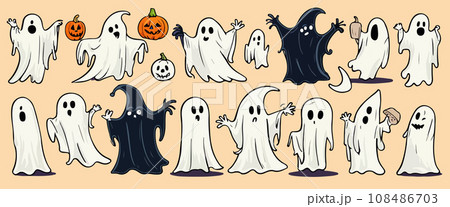 Ghosts Halloween Cartoon with pumpkins on color background, vector illustration. Ghosts Halloween Cartoon with pumpkins on color background, vector illustration. 108486703