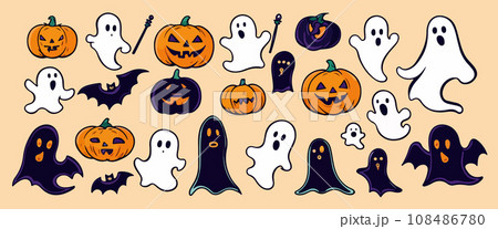 Ghosts Halloween Cartoon with pumpkins on color background, vector illustration. Ghosts Halloween Cartoon with pumpkins on color background, vector illustration. 108486780