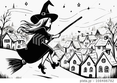 Happy Halloween Flying Witch on a broom over the city vector illustration. Happy Halloween Flying Witch on a broom over the city vector illustration. 108486782