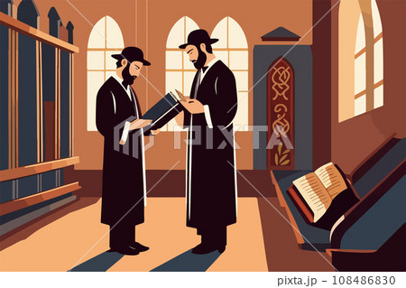 Pious jew prays in synagogue, reading torah, vector illustration, religion Pious jew prays in synagogue, reading torah, vector illustration, religion 108486830