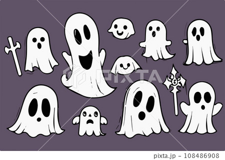 Ghosts Halloween Cartoon with pumpkins on color background, vector illustration. 108486908
