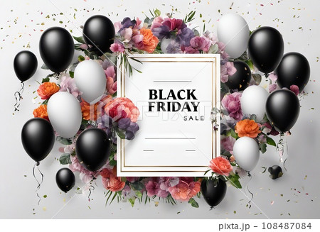 balloons and flowers with confetti on background, concept gifts holidays and sales, black friday 108487084