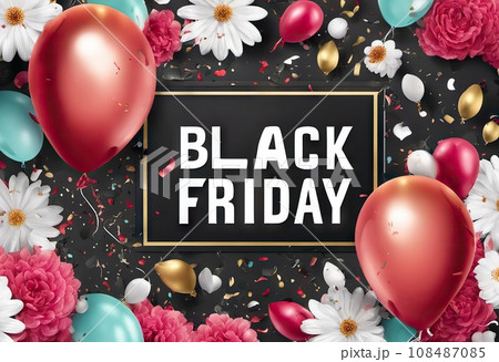 balloons and flowers with confetti on background, concept gifts holidays and sales, black friday 108487085