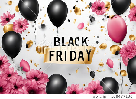 balloons and flowers with confetti on background, concept gifts holidays and sales, black friday 108487130