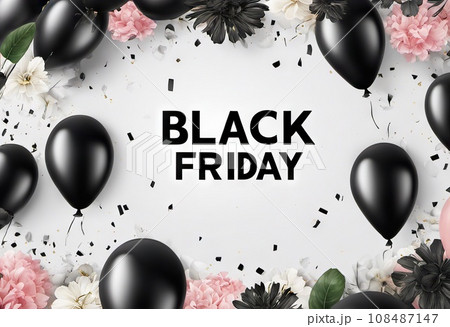 balloons and flowers with confetti on background, concept gifts holidays and sales, black friday 108487147