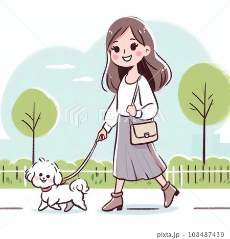 犬の散歩をする若い女性1 犬の散歩をする若い女性1 108487439