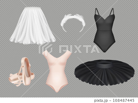 Ballet clothes. Fashioned performing ballerina tutu skirt and boots with bodysuit decent vector realistic illustrations set Ballet clothes. Fashioned performing ballerina tutu skirt and boots with bodysuit decent vector realistic illustrations set 108487445