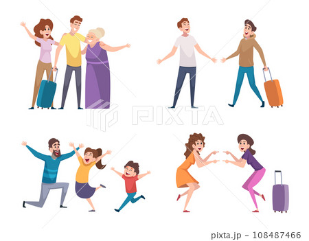 People come back. Happy friends and family characters invitation in home exact vector cartoon illustrations 108487466