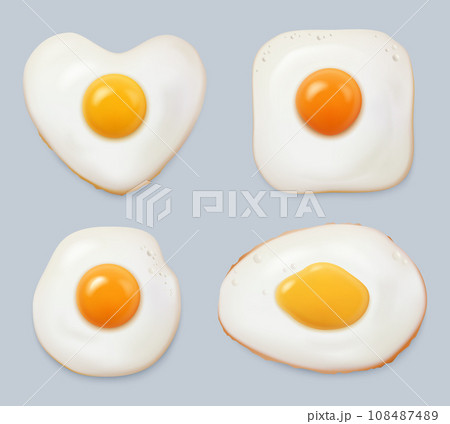 Fried eggs. Tasty breakfast witih chicken eggs decent vector realistic template 108487489