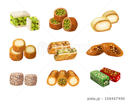 Arabic sweets. Delicious tasty food from arabic rahat lakoum baklava recent vector illustration in cartoon style 108487490