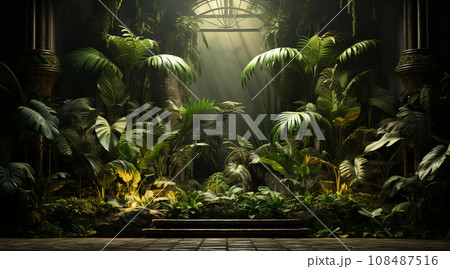 AI-generated content. Dreamy tropical landscape, banner with greenery and copy space for your text 108487516
