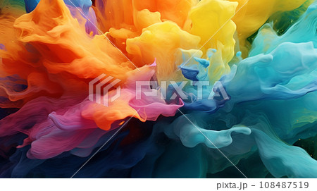 AI-generated content. Vibrant abstract background with mixing and swirling of paint liquid AI-generated content. Vibrant abstract background with mixing and swirling of paint liquid 108487519