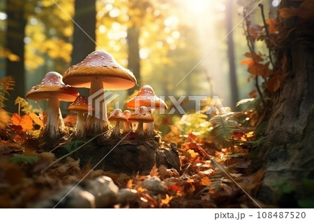 AI-generated content. Little fresh mushrooms, growing in autumn forest AI-generated content. Little fresh mushrooms, growing in autumn forest 108487520