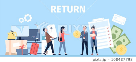 Goods return in shop. Customers with broken and damaged technics want exchange or money back. Clients service in store, recent vector flat concept 108487798