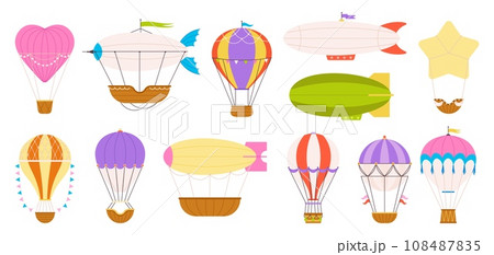 Cartoon air balloons. Sky flying air balloons various style. Flat adventures and travel retro transport, vintage transportation racy vector elements 108487835