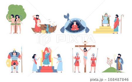 Bible scenes with holy religion characters. Sacred books and myphs people, mythology and christian stories. First person in garden, recent vector concept 108487846