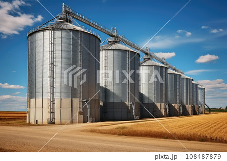 Agricultural silo granary in wheat field. Storage of agricultural products 108487879