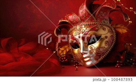 Festive Venetian carnival mask with gold decorations on red background. Festive Venetian carnival mask with gold decorations on red background. 108487893