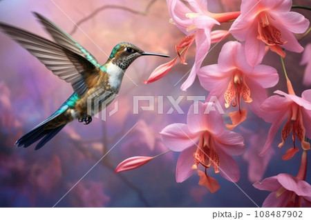 Flying hummingbird near blooming orchid 108487902