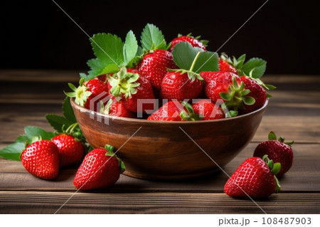 Fresh juicy strawberries on an old wooden table. Generative AI Fresh juicy strawberries on an old wooden table. Generative AI 108487903