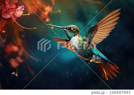 Flying hummingbird in jungle. 108487945