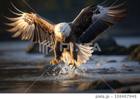 Flying blad eagle above the lake, Haliaeetus leucocephalus 108487948