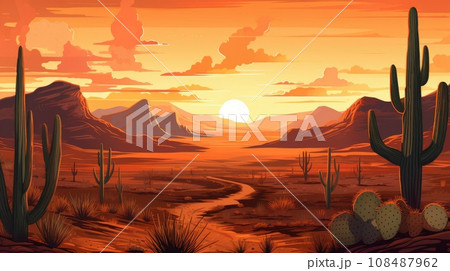 Wild Western Texas desert sunset with mountains and cactus. Generative AI 108487962