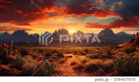Wild West Texas desert landscape with sunset with mountains and cacti. 108487970