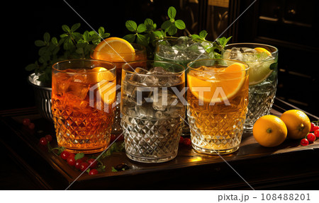 Drinks in transparent glasses on a blurred background. 108488201