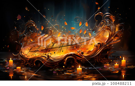 Abstract colorful musical background with notes, instruments. 108488211