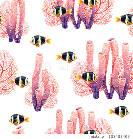 Seamless pattern with underwater coral reef plants and exotic clark fishes. Watercolor illustration fabric, textile 108488408
