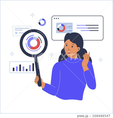 Businesswoman analyst holding magnifying glass analyze graph and chart. Data analysis and statistics. Vector flat illustration 108488547
